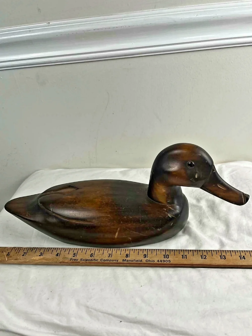 Vintage Hand-Carved Solid Wood Duck Decoy - Rustic Folk Art Mallard - 13”